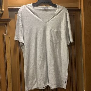 NWOT John Varvatos Driggs V-Neck Linen Blend Grey Feeder Stripe T-Shirt Size L